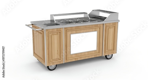 Outdoor wooden grill station with stainless steel top and wheels for backyard barbecues and parties