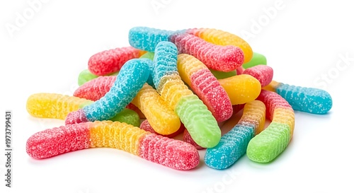 Colorful sugar coated gummy worms piled on white background sweet treats for snacking and parties