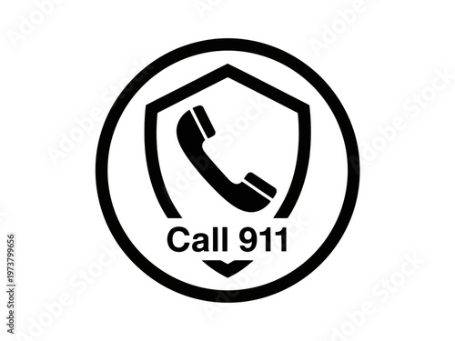 A simple but important emergency call 911 icon shield with telephone handset silhouette symbol vector illustration