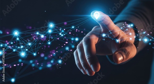 Human hand touching digital network of glowing lights and dots abstract concept