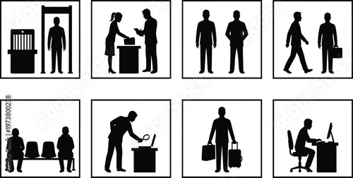 Airport Security Check and Passenger Silhouette Set Featuring Travel ProceduresAirport Security Check and Passenger Silhouette Set Featuring Travel Procedures