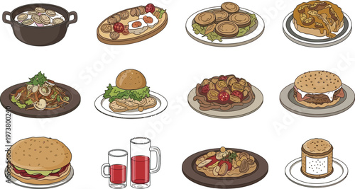 Assorted Gourmet Food and Cuisine Illustration Set with Burgers Salad and DrinksAssorted Gourmet Food and Cuisine Illustration Set with Burgers Salad and Drinks