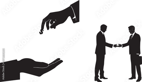 Two businessmen shake hands while another hand drops money into an open palm, symbolizing a deal.