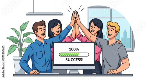 Coworkers High Fiving to Celebrate Successful Launch