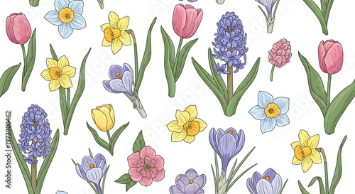 Spring floral seamless pattern with colorful tulips hyacinths and daffodils hyacinth daffodil seamless botanical watercolor blooming background
