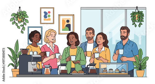 Diverse Colleagues Socializing at Office Coffee Station