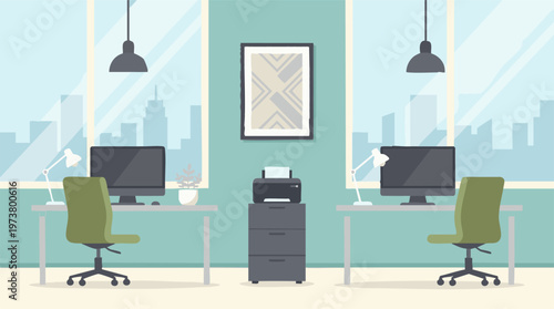 Contemporary office environment with workstations and panoramic city view