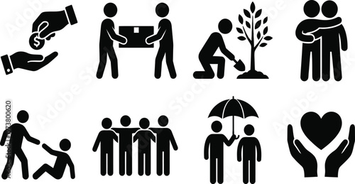Charity and Volunteering Silhouette Icon Set Featuring Community Support ActivitiesCharity and Volunteering Silhouette Icon Set Featuring Community Support Activities