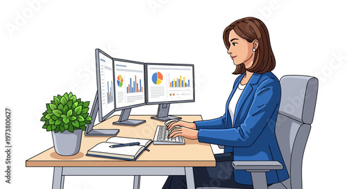 Professional Woman Working at Dual Monitor Desk