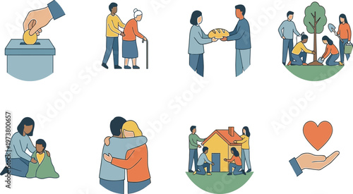 Charity and Volunteering Illustration Set Featuring Community Support ActivitiesCharity and Volunteering Illustration Set Featuring Community Support Activities