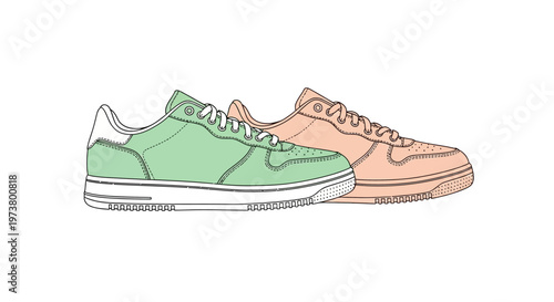 Green and beige colored sneakers side.