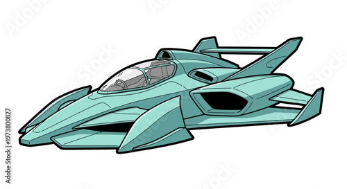 Futuristic teal spaceship with cockpit.