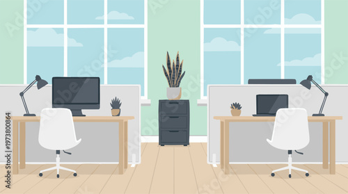 Modern office interior with two workstations, computers, and minimalist design