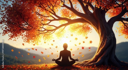 Meditating figure under a tree with autumn leaves and golden sunlight