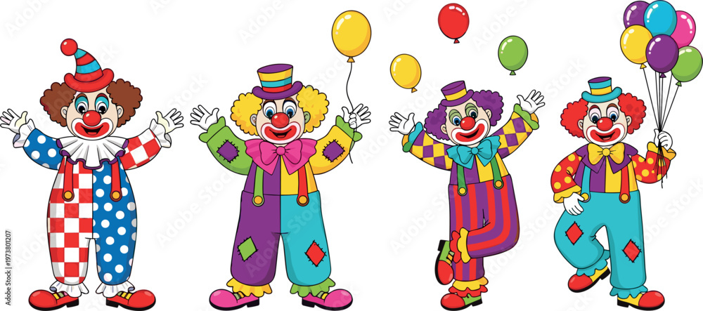 Fototapeta premium Colorful Clown Cartoon Character Set with Balloons Funny Circus Entertainers in Bright Costumes Party Celebration Illustration Collection