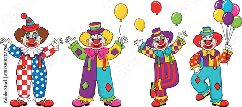 Bild auf Leinwand Colorful Clown Cartoon Character Set with Balloons Funny Circus Entertainers in