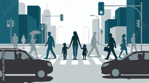 Urban city scene with diverse pedestrians crossing street at crosswalk
