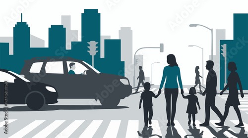 Family and pedestrians crossing a busy city street on a crosswalk