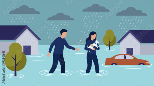 Flood disaster scene with people evacuating, houses and car submerged