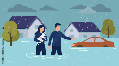 People with pet wading through floodwaters in residential area during heavy rain