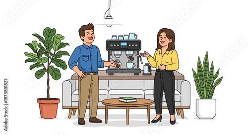 Colleagues Chatting by Modern Coffee Machine