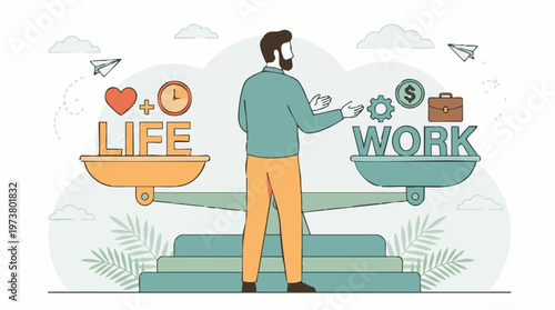 Man balancing work and life on a scale, professional and personal priorities