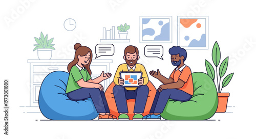 Coworkers Discussing Project on Beanbag Chairs