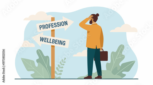 Confused man choosing between career path and personal wellbeing