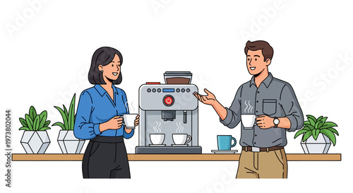 Happy Colleagues Chatting by Office Coffee Machine