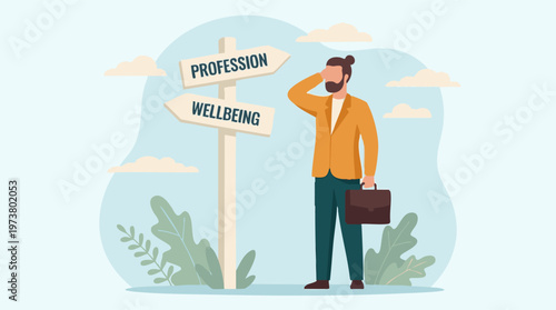 Work-life balance dilemma: man choosing between profession and wellbeing