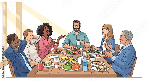 Happy Coworkers Sharing Meal in Sunny Cafeteria