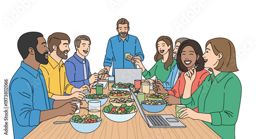 Happy Team Bonding During Communal Office Lunch