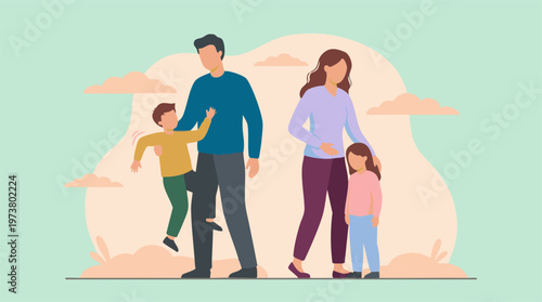 Parents separated with children, representing divorce and family custody