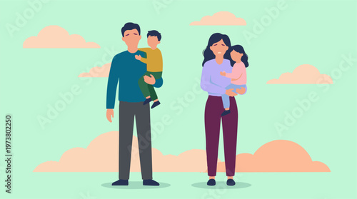 Sad parents and children standing apart due to family separation or divorce