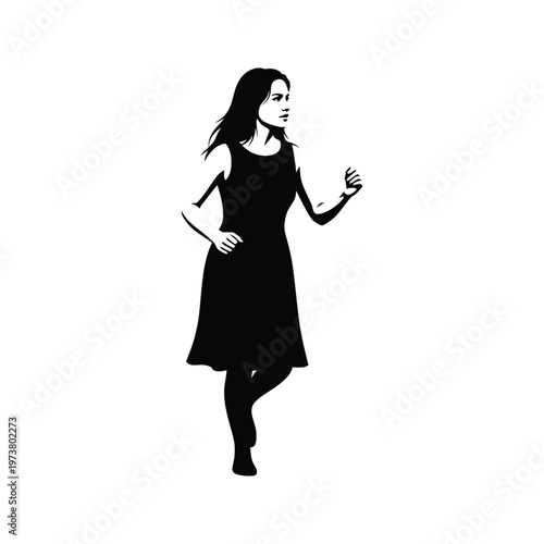A woman in an elegant black dress poses confidently with a microphone, embodying poise and modern fashion style