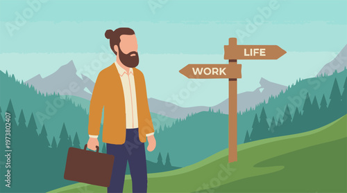 Work life balance decision concept with man at crossroads