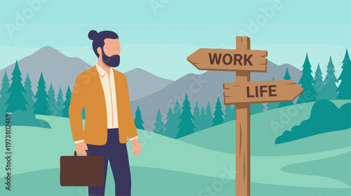 Man at a crossroads, choosing between work and personal life balance