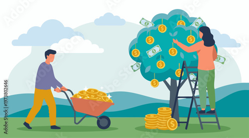 Financial growth and investment concept with people, money tree, and wealth