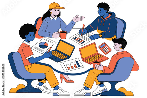 Creative coworkers collaborating around round table with laptops and financial documents.