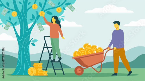 Financial growth concept: man and woman collecting wealth from money tree