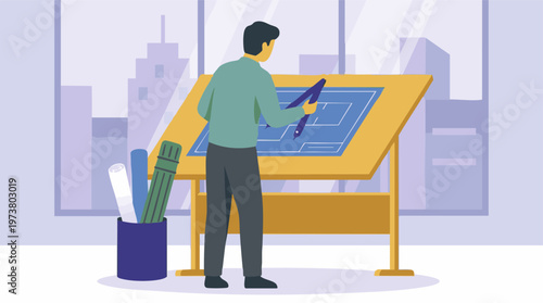 Male architect working on blueprint with drafting compass in office