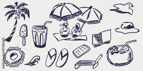 Summer beach hand drawn set