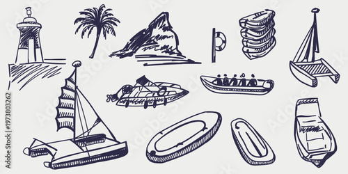 Club nautical and water sports hand drawn sketch set