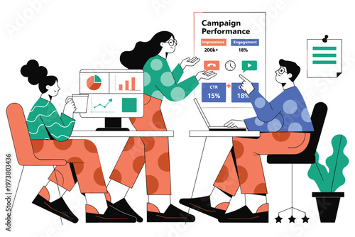 Marketing team discussing campaign performance on computer screens and laptop.