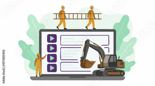 Construction industry digital learning with workers, excavator, and laptop tutorials