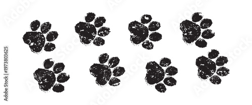 Paw print dog or cat foot, pet stamp. Animal paint footprint, cute doodle. Black grunge texture silhouette isolated on white background. Cartoon crayon icon, Simple vector illustration