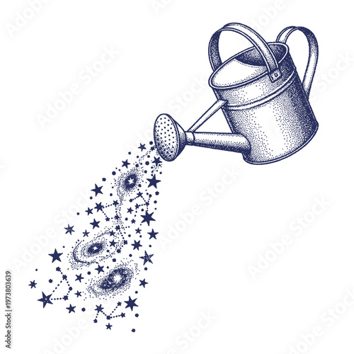 Watering Can Pouring Out a Galaxy of Stars, Space Retro Halftone Stippling Style Illustration