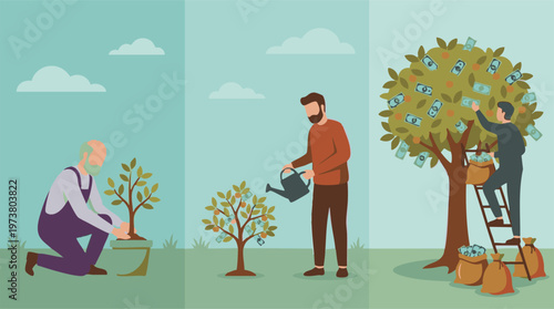 Financial investment and wealth growth stages: planting, nurturing, and harvesting.