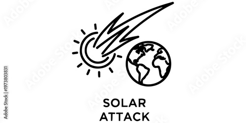 Solar storm and geomagnetic flare hitting planet Earth concept icon. Vector line art illustration of solar attack, space weather, and coronal mass ejection impacting the globe in flat outline style.