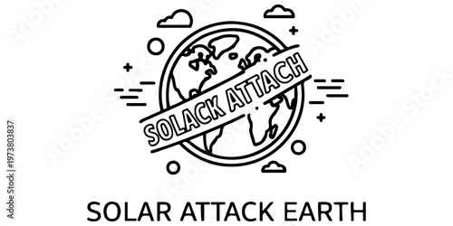 Solar storm and geomagnetic flare hitting planet Earth concept icon. Vector line art illustration of solar attack, space weather, and coronal mass ejection impacting the globe in flat outline style.
